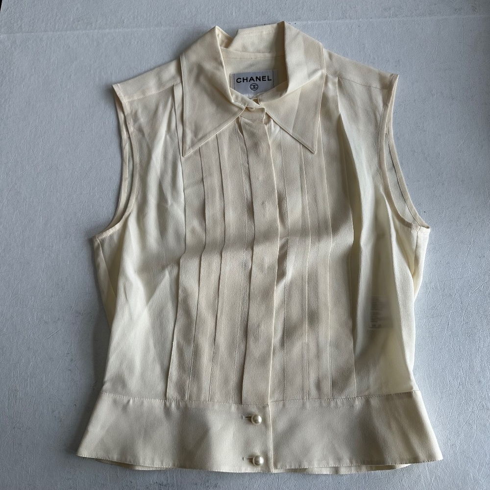 CHANEL 100% Silk Top with Pearl Buttons